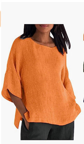 Haut chemise en coton et lin à manches fendues et col rond m300053 
