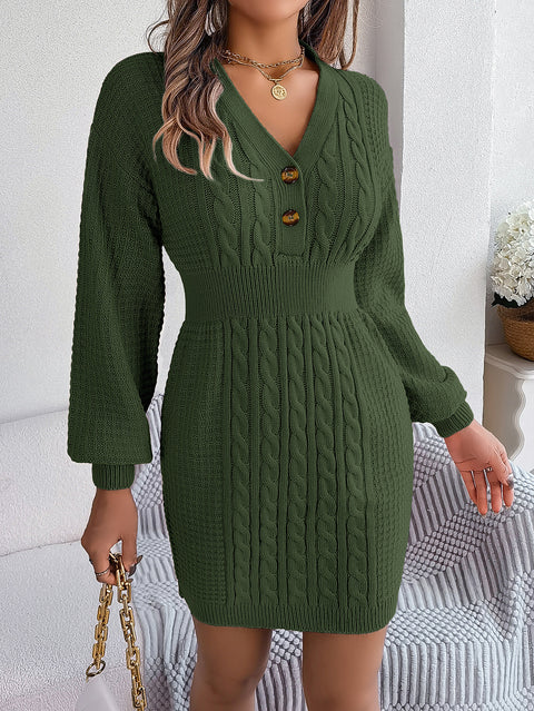 Button V-neck twist lantern sleeve hip sweater skirt m300577