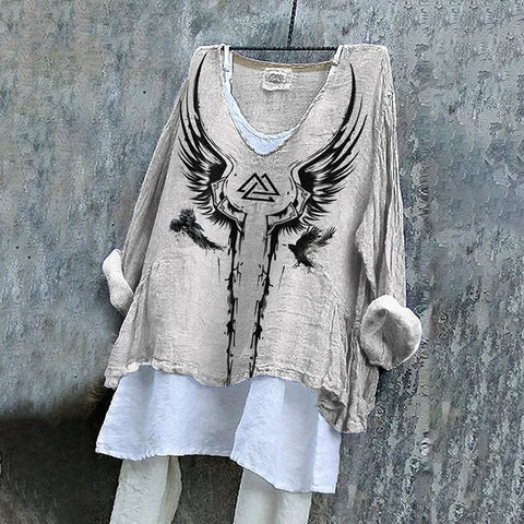 Langarm bedruckter Freizeitpullover lockerer Rundhalsausschnitt einteiliges T-Shirt (ohne Unterhemd) m301042
