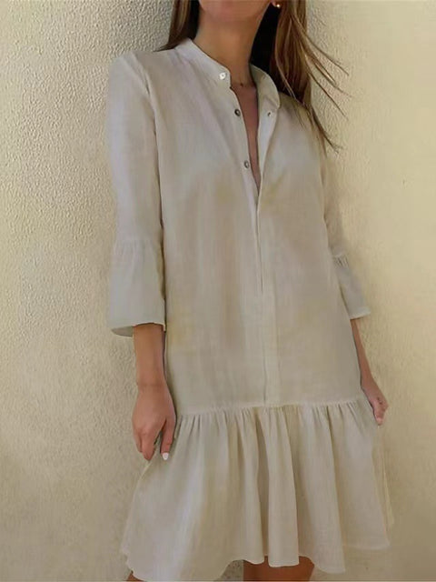 Robe chemise boutonnée à col montant et manches 9/4 en coton avec ourlet plissé m300679 