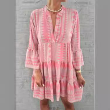 Robe imprimée ample col V en mousseline de soie jupe courte plissée m300054 