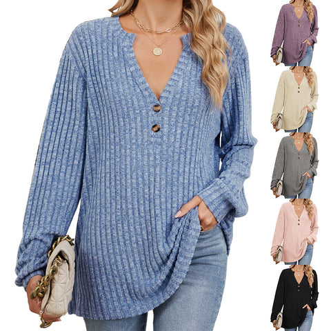 Autumn and winter new solid color pit strip polished button loose long-sleeved T-shirt women's m301772