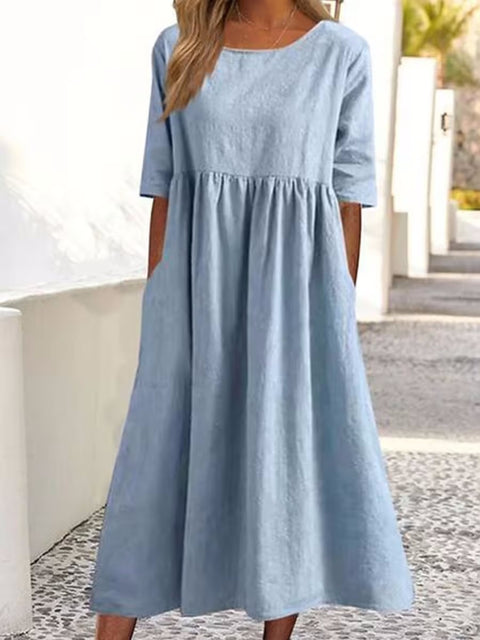 Neues lässiges Kurzarmkleid aus Baumwolle und Leinen mit Falten und Rundhalsausschnitt, m300890 
