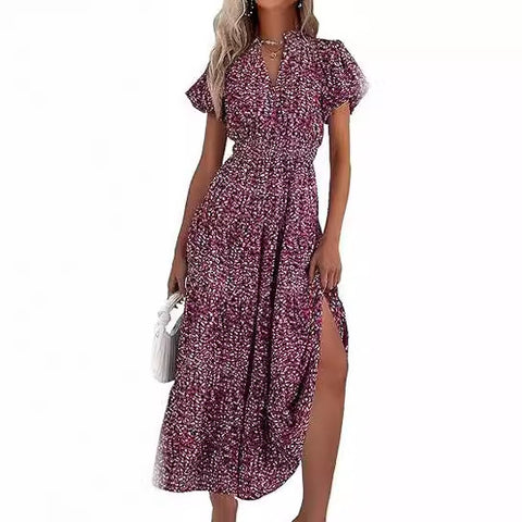 Robe plissée à col en V et manches courtes imprimée m300104 