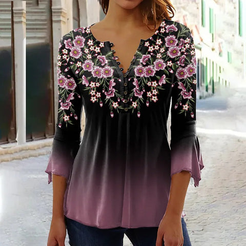 Modisches Ruili T-Shirt mit Blumendruck und V-Ausschnitt und Dreiviertelärmeln m300035