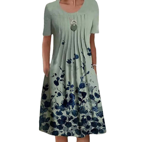 Frühling/Sommer Blumendruck Rundhalsausschnitt Tasche Mittellanges Kleid m300905 