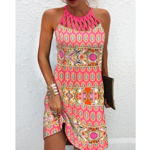Robe imprimée sans manches à col rond et col ajouré, coupe ajustée, dos nu, M300192 