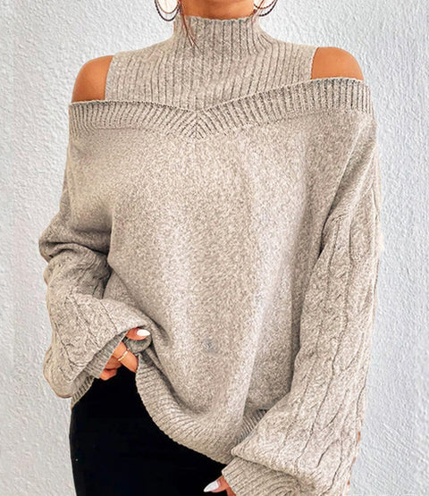 Schulterfreier Halbrollkragenpullover locker gestrickter Pullover Damen m300502 