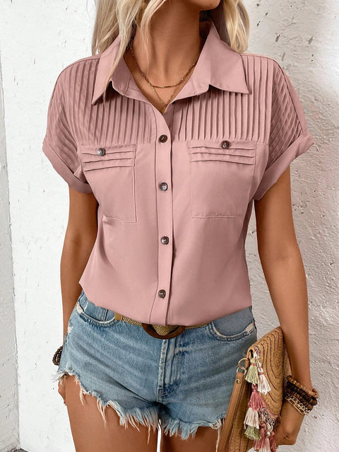 T-shirt à manches courtes et revers à boucle, avec poche plissée, pour femme, M301029 