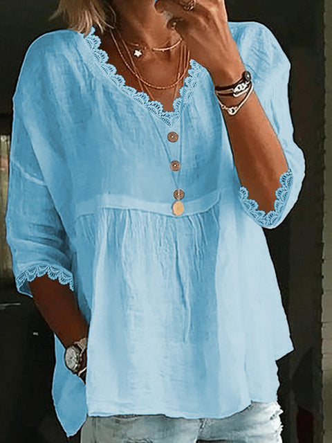 Casual seven-quarter-sleeved lace V-neck pullover multi-color women's top shirt m301420