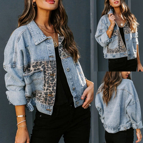 Veste en jean femme manches longues, veste en jean femme imprimé léopard épissage m300582 