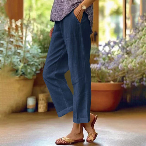 Cotton and linen loose solid color elastic waist pocket straight casual pants m301571