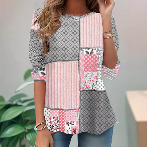T-shirt à manches longues et col ras du cou pour femme, style rétro à carreaux, m300651 