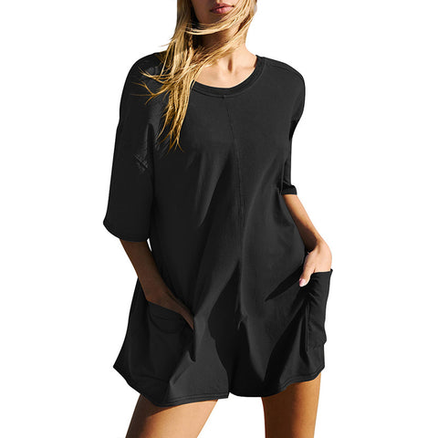 Combinaison ample décontractée à manches courtes et dos nu pour femme, col en V, poches M300225 