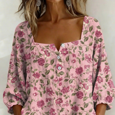 Floral print 3-button elegant wide neck top m302847