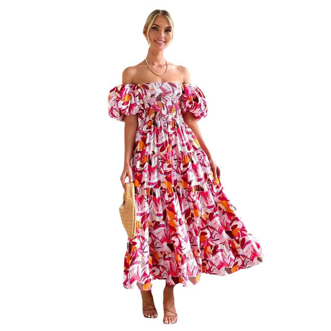 Robe longue imprimée à manches bouffantes et épaules dénudées pour femme M300282 