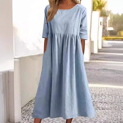 Neues lässiges Kurzarmkleid aus Baumwolle und Leinen mit Falten und Rundhalsausschnitt, m300890 