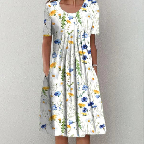 Neues lässiges Kurzarmkleid mit Rundhalsausschnitt und Print m300930 
