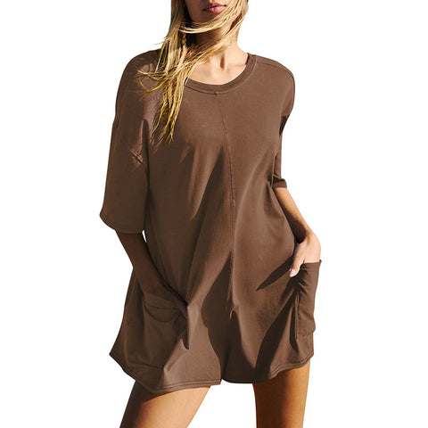 Combinaison ample décontractée à manches courtes et dos nu pour femme, col en V, poches M300225 