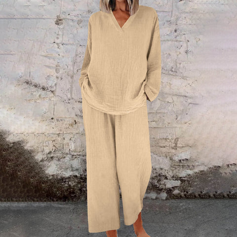 Casual V-neck pullover long sleeve plus pocket trousers cotton multi-color women's suit m301441