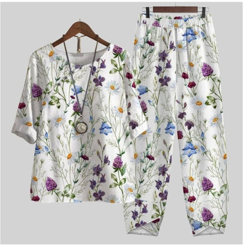 Ensemble deux pièces haut et pantalon imprimé à manches fendues m300036 