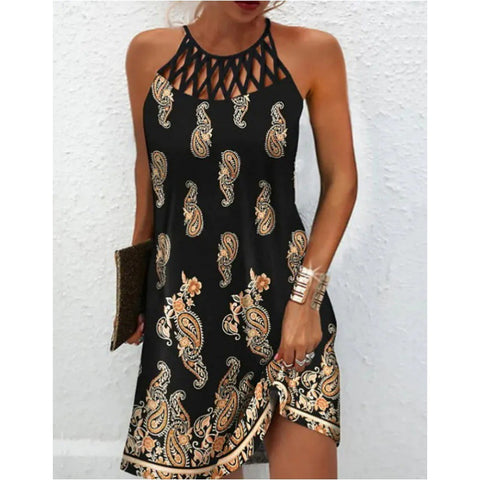 Robe imprimée sans manches à col rond et col ajouré, coupe ajustée, dos nu, M300192 