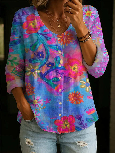 Crew Neck Women's Floral 3D Printed Women's Henley Shirt m302611