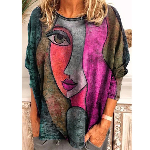 Großes Damen-T-Shirt mit Gesichtsdruck und langen Ärmeln, lockeres Damen-T-Shirt m300665 