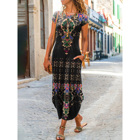 Rundhals-Tasche Kurzarm-Trend-Print-Kleid m300031 
