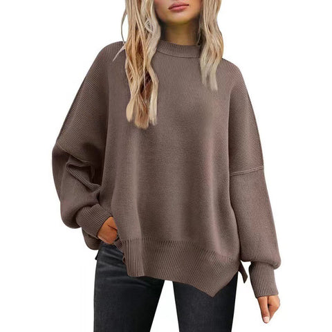 Crew neck bat wing long-sleeved sweater autumn knitted side slit jumper m301590