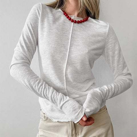 crew neck knitted bottoming shirt women's simple fashion splicing inside with white long-sleeved top women's clothing m301821