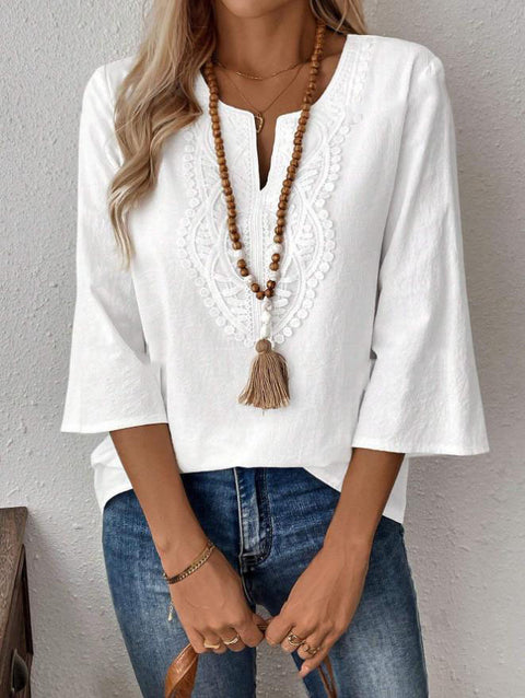 Women's loose solid color V-neck lace edge shirt m301477