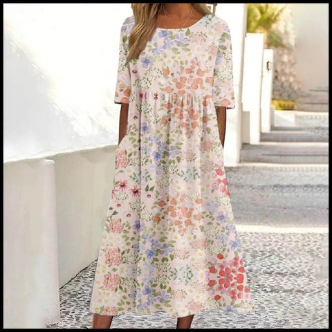 Lässiges Damenkleid mit Rundhalsausschnitt und Pendel-Print mit mittlerer Taille m300937 