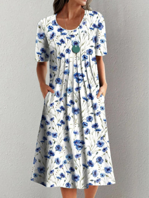 Neues lässiges Kurzarmkleid mit Rundhalsausschnitt und Print m300930 