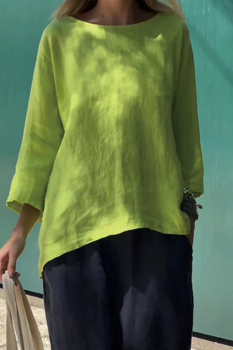 Women's nine-quarter sleeve crew neck cotton and linen loose shirt top m302007