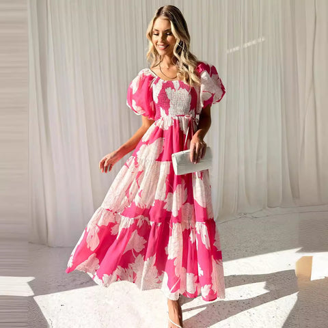 Elegantes, schulterfreies Kleid mit Puffärmeln und Blumenmuster M300289 