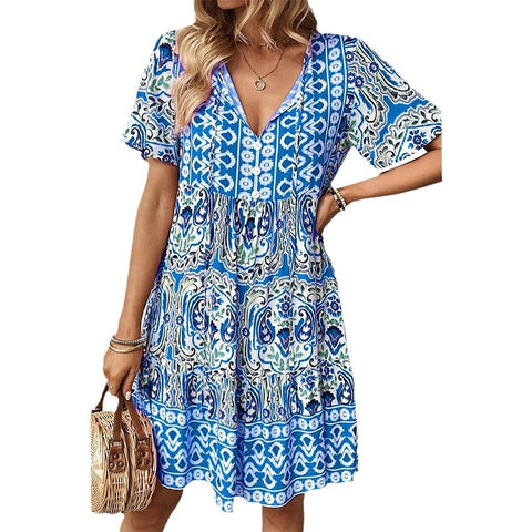 Neues Kleid mit V-Ausschnitt, modischer, lockerer Rock mit Bohème-Print, m300994 