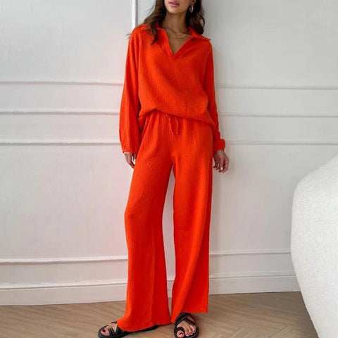 Elegante frauen casual lose anzug frauen lange-ärmeln top + kordelzug hosen anzug herbst revers zwei-stück set m301184 