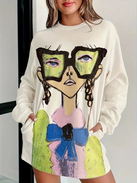 Lässiger, lockerer und stylischer Pullover mit langen Ärmeln und Digitaldruck, Rundhalsausschnitt, Übergröße, M300370 