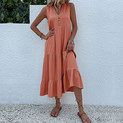 Sommer beliebte ärmellose Faltenrock lose V-Ausschnitt mittel und langes Kleid m300851 