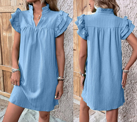 Robe pull polyvalente à col en V et manches en feuille de lotus multicouches m301019 