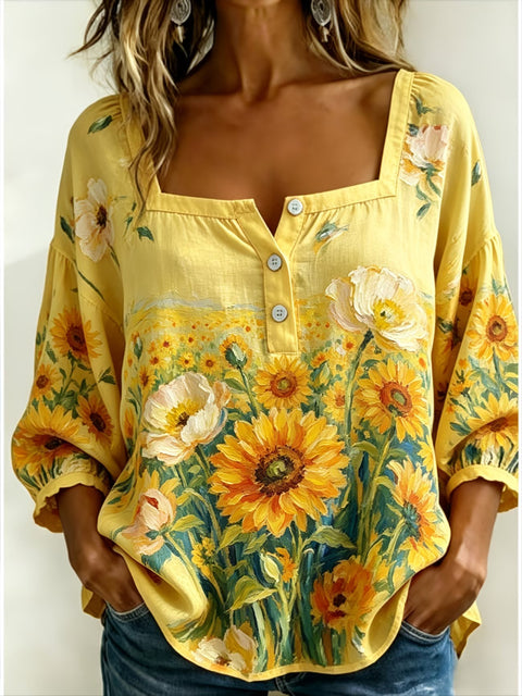 Women's square collar button-down shoulder seven-quarter sleeve medium sleeve T-shirt trend m302838