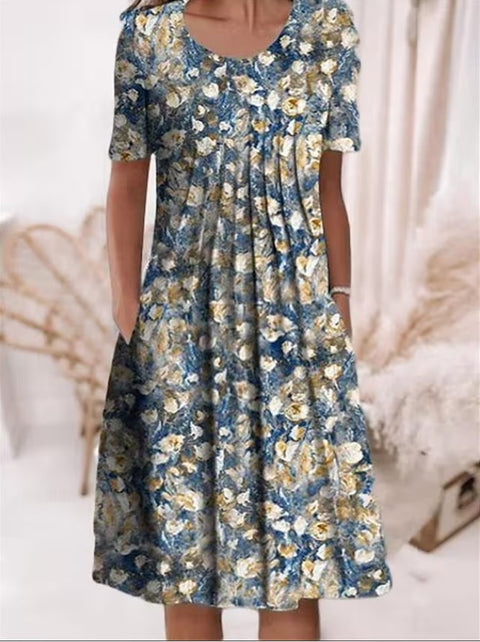 Robe mi-longue à imprimé floral, col rond, poches, printemps/été, pour femme, m300037 