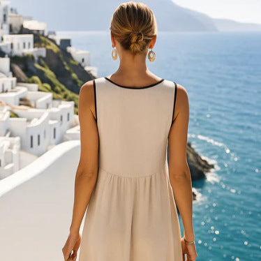 Crew neck sleeveless contrasting color loose and thin cross dress m302458