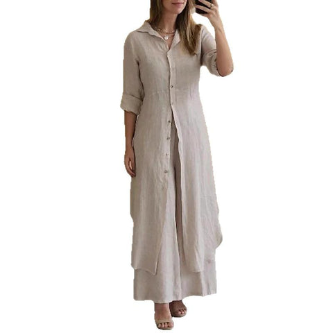 Elegantes Set aus eng anliegendem Langarmhemd und Hose aus Baumwolle und Leinen mit weitem Bein, m301063 