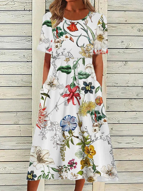 Sommer neues Damen-Swing-Kleid mit mittlerer Taille und lässigem Rundhalsausschnitt und Print m300040 