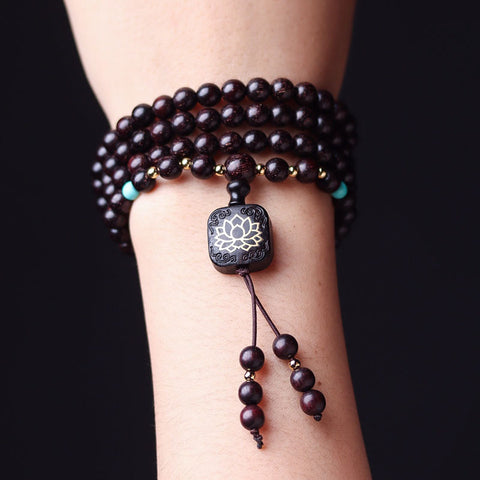 Bracelet en bois de santal rouge de Zambie, perles de Bouddha 0,6 mm, pendentif lotus plat, bracelet pour homme et femme m3331316