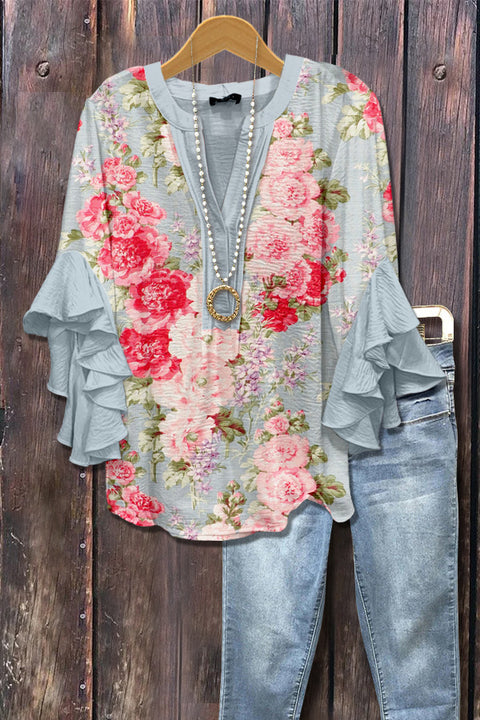 T-shirt à col en V et bordure lotus, imprimé floral créatif, impression numérique, tendance décontractée, m301358 