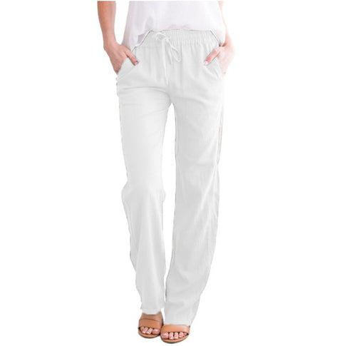 Solid color cotton and linen loose drawstring casual wide-leg trousers women's m301572