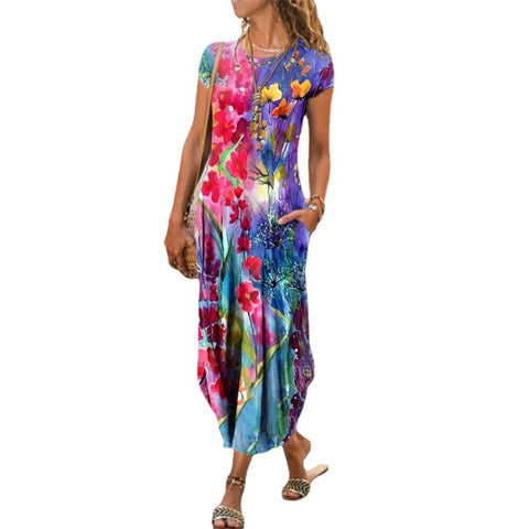Rundhalsausschnitt, Tasche eingesetzt, kurzärmeliges, trendiges bedrucktes Kleid mit einem Design von M300025 